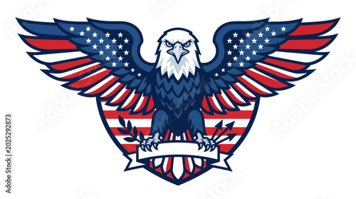American eagle illustration with flag wings and banner on white background, symbolizing freedom and patriotism.