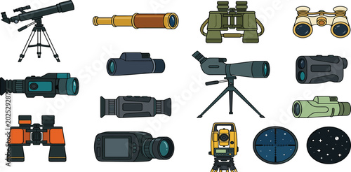 Foto Optical Equipment Vector Set Featuring Astronomy Telescope Binoculars Spyglass M