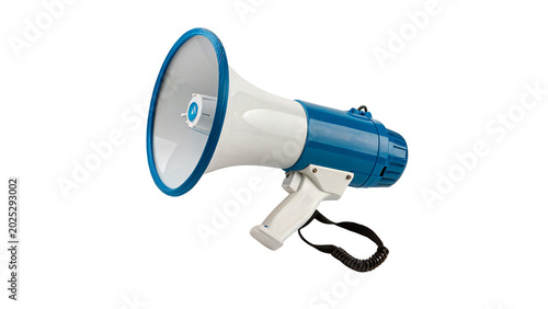 Tableau sur toile A professional loud blue and white metallic megaphone bullhorn speaker device wi