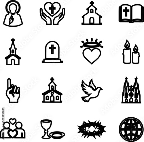 Religious icons set line art symbols on white background