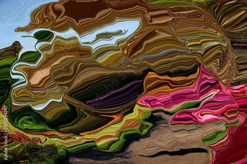 Abstract Liquid Swirl Landscape: Digital Fluid Art with Vibrant Pink, Green, and Earthy Marble Waves
