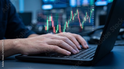 Hands typing on a laptop with a stock market trading graph overlay, symbolizing financial analysis and investment