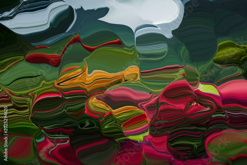 Abstract Dark Green Pink Liquid Waves: Vibrant Glossy Fluid Paint Marble Texture Background Art