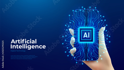 Digital futuristic AI banner concept. Woman hand holds phone with conceptual AI semiconductor chip with circuit lines forming silhouette of digital brain. Mind of artificial intelligence. Vector.