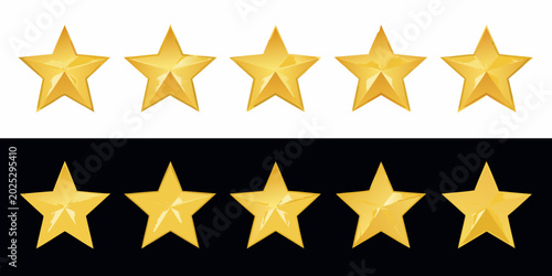 five golden stars vector illustration on white and black backgrounds