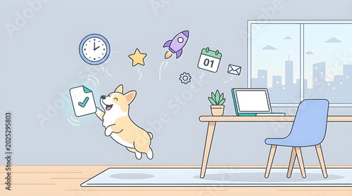 Vector illustration of a happy Welsh Corgi dog jumping and catching a checklist document icon. The design features various productivity and business icons like a clock, calendar, star, rocket, and gea