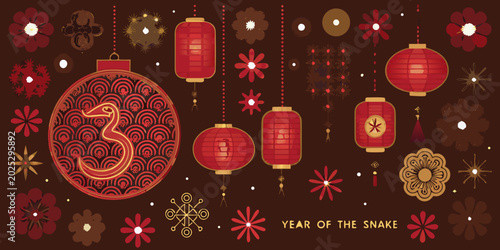Bild auf Leinwand red lanterns and floral ornaments for the year of the snake