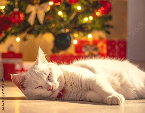 A serene white cat sleeps peacefully on a floor near a Christmas tree