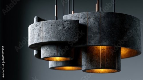 A sculptural light fixture with a dark gray, granular surface. The fixture integrates various geometric shapes, including rectangular blocks and cylinders, connected by thin gold strips.
