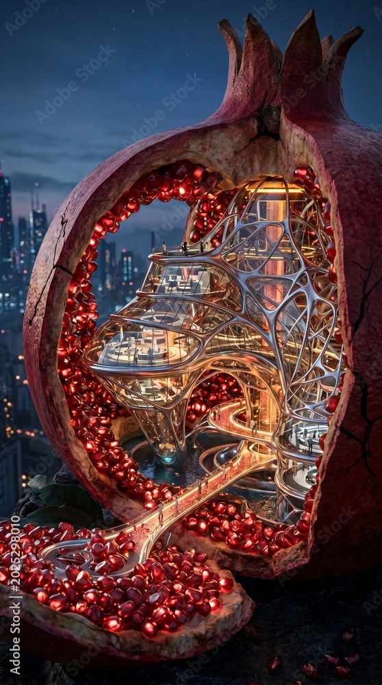 Obraz premium Surreal digital art of scientists working inside a futuristic bio-tech laboratory dome built within a giant open pomegranate, organic sci-fi architecture.