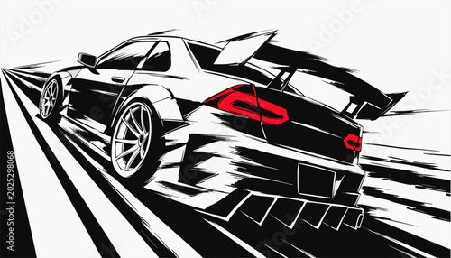Bild auf Leinwand White stanced sports car with a large spoiler and prominent red taillights