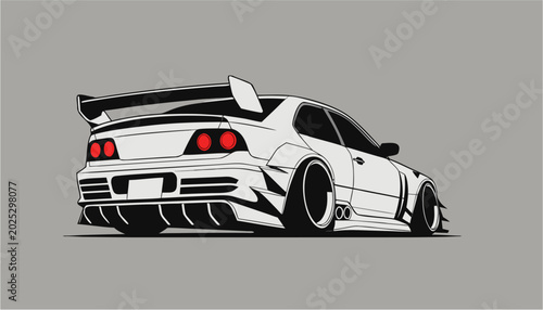 Foto White stanced sports car with a large spoiler and prominent red taillights