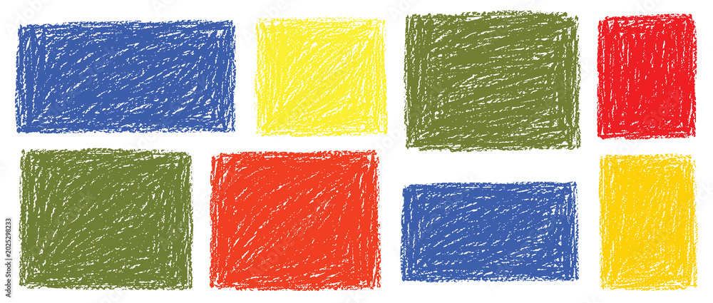 Fototapeta premium Collection of colorful rectangular frames and shapes with a rough crayon or pastel texture, isolated on a white background.