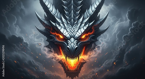 A fierce dragon head with glowing orange-red eyes emerges from dark storm clouds. Sharp metallic horns frame its menacing face as hot flames burst from its mouth. Perfect for fantasy games.
