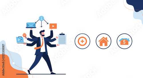 Concept of multitasking in business showing a professional man with many arms holding various office tools and task icons.