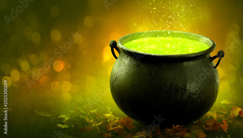 A cauldron, filled with glowing green liquid, is set amidst autumnal foliage and blurred bokeh in a fantasy scene