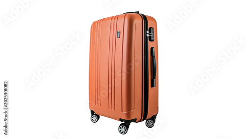 Fotografi A modern bright orange plastic travel luggage suitcase bag standing vertically f