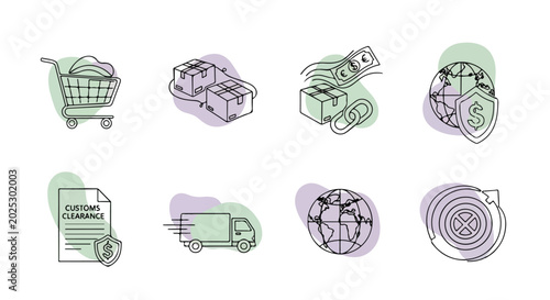 Bild auf Leinwand Logistics and global trade icon set, 8 line art vector illustrations for supply