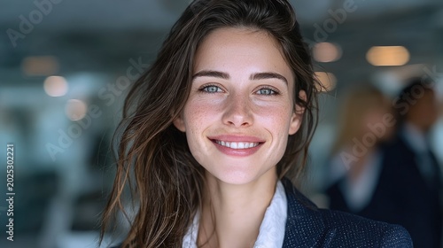 Close up portrait of a confident young businesswoman smiling warmly in a modern corporate office