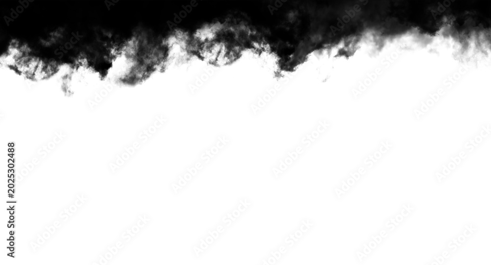 Fototapeta premium Dark black smoke cloud rising in a thick plume across the top edge of this high contrast photographic image showing wispy vapor patterns drifting slowly against a bright stark backdrop.