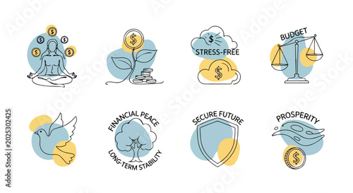 Tableau sur toile Financial wellness line icons set, 8 money management vector elements, stress-fr