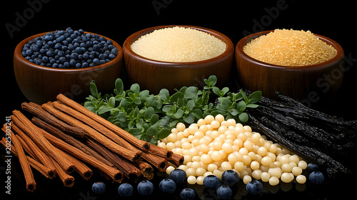Spices, herbs, and ingredients for baking, gourmet food, and cooking, aromatic textures and colors