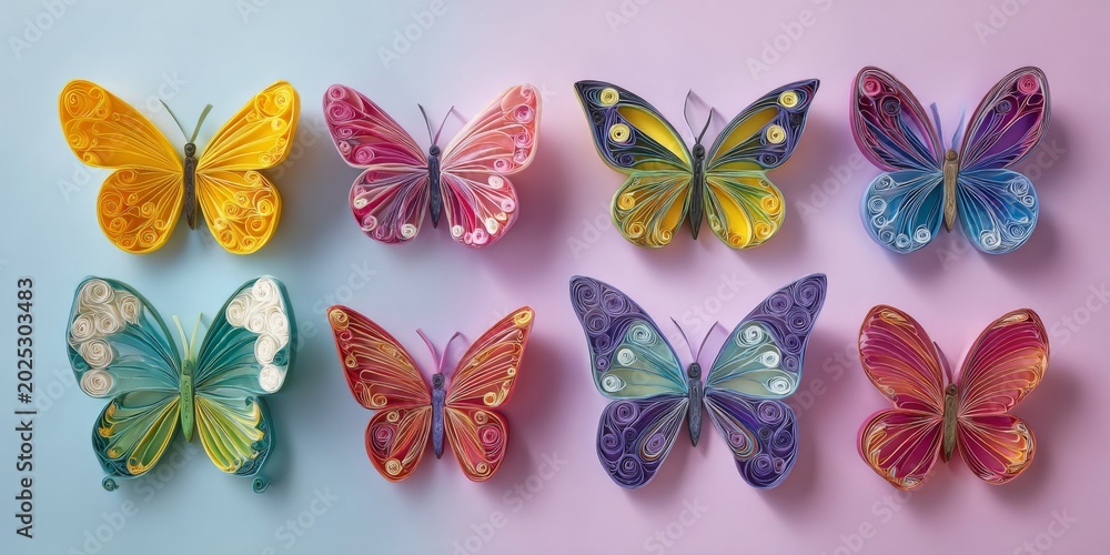 Obraz premium Colorful Handmade Paper Butterflies in Quilling Art Display Featuring Diverse Patterns and Vibrant Colors on a Soft Color Gradient Background