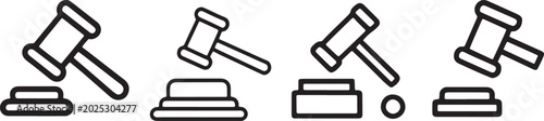 Gavel and sound block law enforcement icons set in outline style with legal on white background