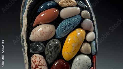 Colorful pebbles, stones, and rocks, shiny and matte, in a decorative bowl, natural textures