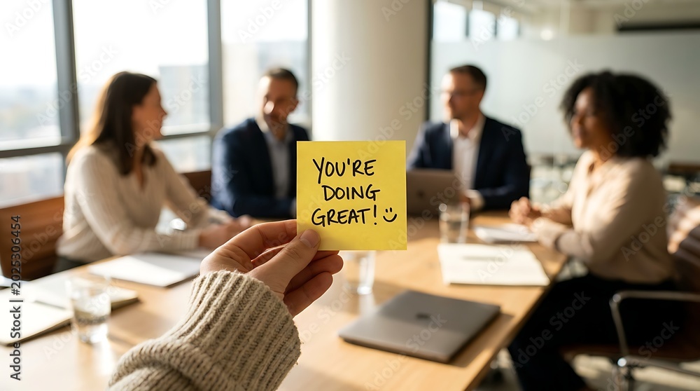 Obraz premium Hand holding yellow sticky note with 'you're doing great' message in office meeting room blur background people working at table laptop collaboration teamwork encouragement positivity success.