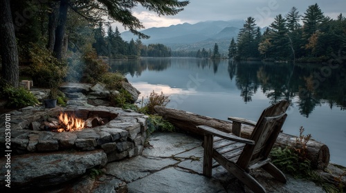 Cozy stone fire pit with burning fire and wooden chair overlooking a calm lake and distant mountains at dusk