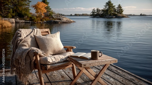 Cozy wooden armchair with knitted blanket and book on a rustic dock overlooking a calm lake with autumn islands in the morning sun