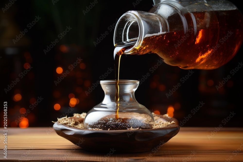 Fototapeta premium Amber syrup gracefully pours into a stylish glass on a wooden table