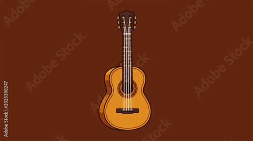 Vintage acoustic guitar illustration on brown background.