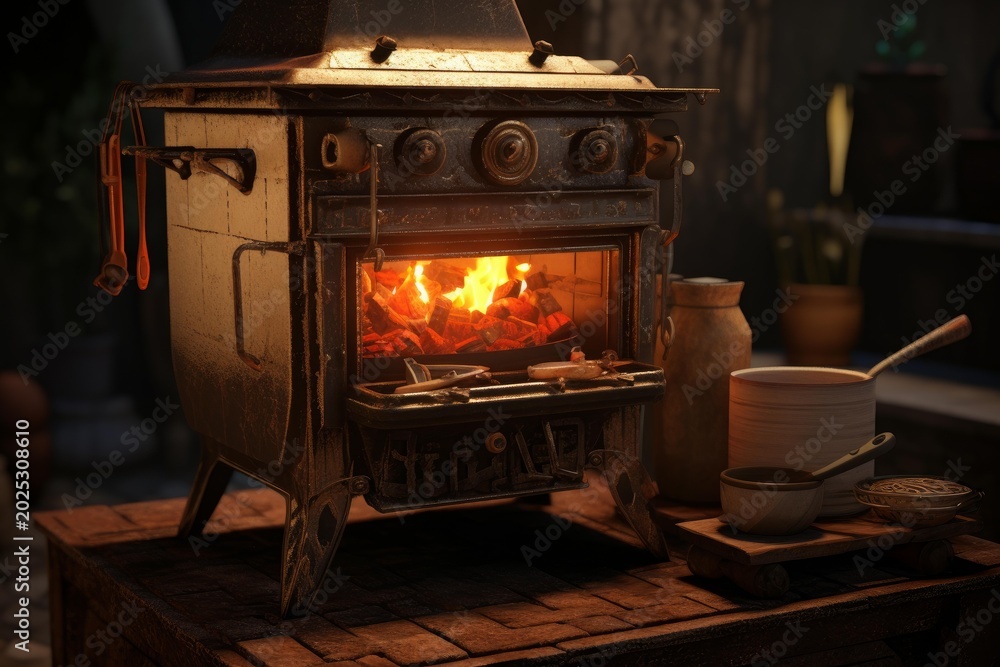 Fototapeta premium Vintage stove with a vibrant fire, creating a cozy atmosphere