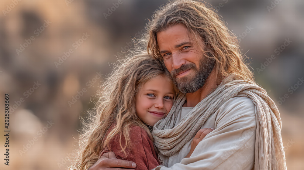 Fototapeta premium Jesus tenderly embracing a child, biblical scene of love, compassion, and care, warm and gentle atmosphere, sacred and heartwarming