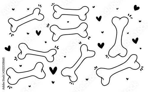Canvas Print A collection of cartoon-style dog bones and small hearts scattered across a white background