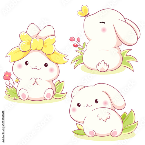 Set of little bunny in kawaii style. Tiny baby rabbit in multiple poses. Cute rabbit expression sheet collection. Can be used for t-shirt print, sticker, badge, greeting card. Vector illustration EPS8