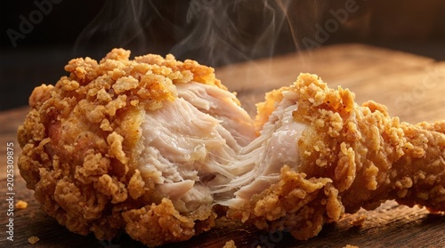 macro close-up of a steaming hot piece of southern fried chicken torn apart, revealing tender succulent white meat fibers