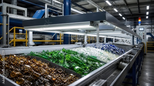 Recycling facility with sorted glass bottles and containers during operational hours for waste management and environmental sustainability