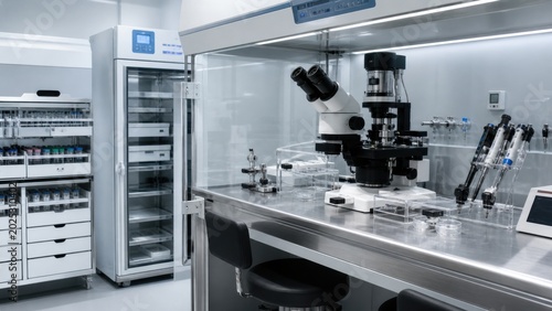 Laboratory setting with microscope, storage units, and lab equipment during a research session in a modern facility