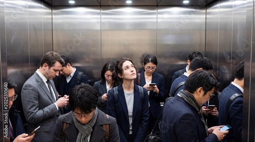 Diverse Group of Business Professionals in a Crowded Modern Elevator with One Woman Looking Up