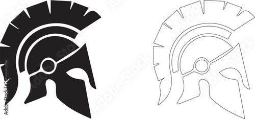 Photography Ancient Greek Spartan helmet icon set representing warrior spirit, gladiator strength, and historical military armor