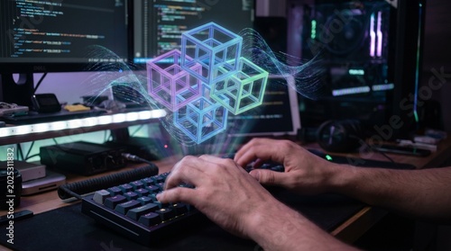 Coding in the digital age A programmer's hands typing on a keyboard with a holographic cube visualization