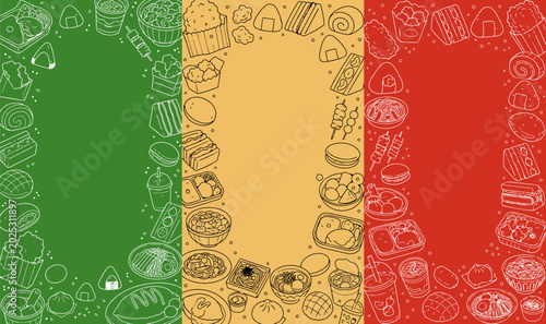 Japanese convenience store food frame vector with colorful green, yellow and red panels, hand drawn bento, onigiri, ramen, snacks, drinks and desserts, perfect for menu, poster, banner, food design.