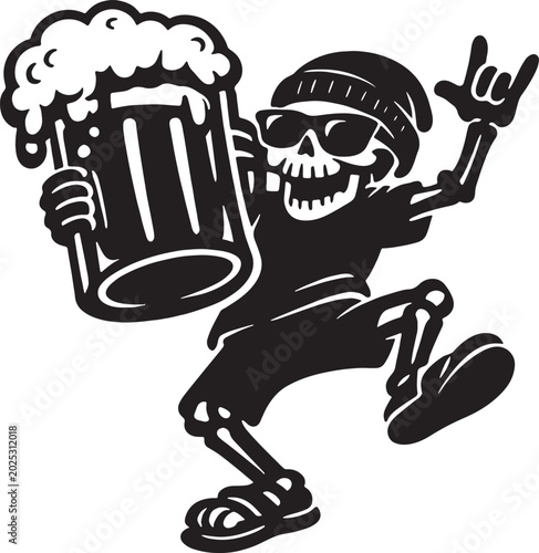 Rocker Skeleton in Sunglasses Holding a Huge Beer Mug and Making Rock On Gesture Vector