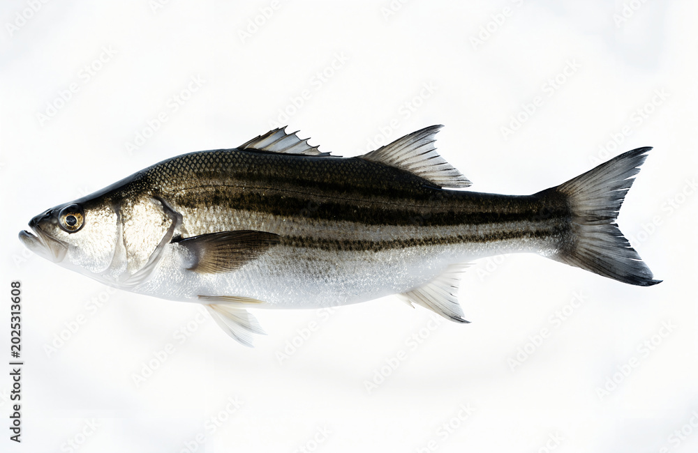 Obraz premium Striped bass fresh, USA fresh, fresh fish on a white background.