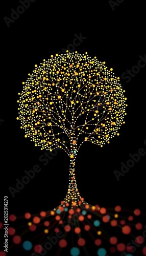 Interconnected network of dots and lines resembling a stylized tree, intricate details, geometric patterns