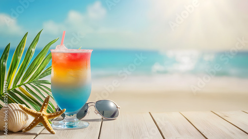 A delicious tropical cocktail near a starfish, shell, sunglasses, and palm leaves on the beach against the backdrop of the ocean and sunny sky