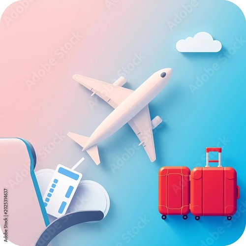 Flat icon of airplane in flight, luggage and ticket symbols, transportation, tourism